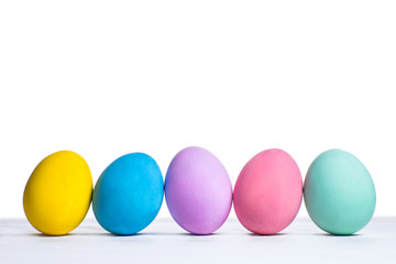 Multicolored eggs isolated on white background, concept of greeting card for Easter