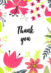 Modern Thank you, wedding invitation card with flower frame background, hand drawn floral elements label. Vector design template, isolated. Welcome card in trendy and fashion bright colours.