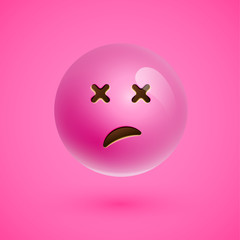 Pink realistic emoticon smiley face, vector illustration