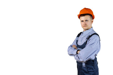 Successful builder engineer in orange helmet with folded arms isolated on white background.