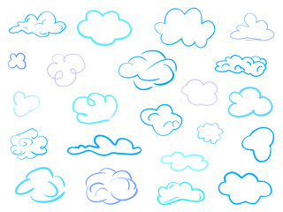 Colorful clouds on isolation background. Sketchy doodles on white. Hand drawn infographic elements. Colored illustration. Sketches for artworks