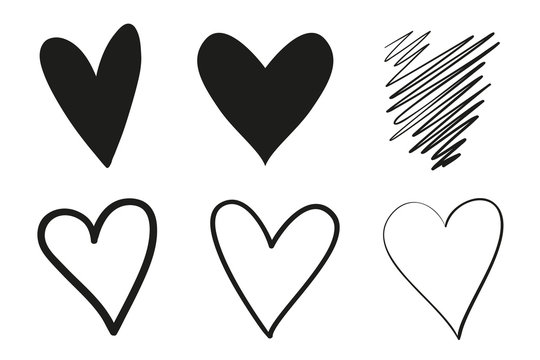 Hand drawn grungy hearts on isolated white background. Set of love signs. Unique image for design. Black and white illustration. Grunge elements for design