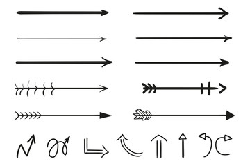 Infographic elements on isolation background. Hand drawn arrows on white. Abstract pointers. Line art. Set of different signs. Black and white illustration. Doodles for artwork