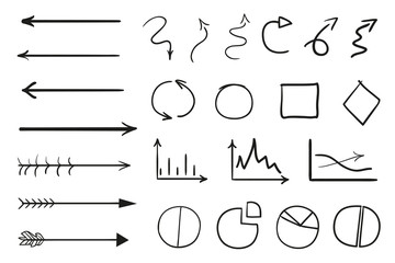 Infographic elements on isolation background. Hand drawn frames and arrows on white. Abstract frameworks. Line art. Set of different shapes. Black and white illustration. Doodles for design