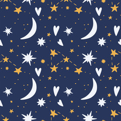 Obraz na płótnie Canvas Starry sky with hearts and moon seamless hand drawing pattern