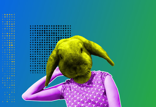 Contemporary art collage rabbit head