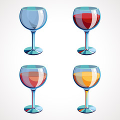 Set vector wine glasses empty, with white, pink and red wine