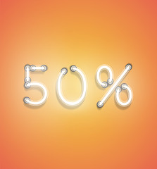 Realistic neon percentage sign, vector illustration