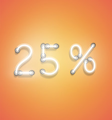 Realistic neon percentage sign, vector illustration