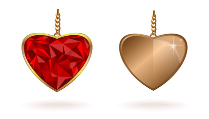 Gold jewelry set in the shape of a heart on a chain. Jewelry in the shape of a heart collection. Vector illustration