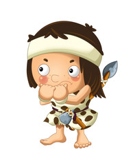 cartoon scene with happy caveman barbarian warrior with spear and axe on white background illustration for children