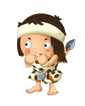 recommend clip art: cartoon scene with happy caveman barbarian warrior with spear and axe on white background illustration for children