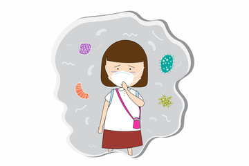 Schoolgirl wear masks N95 to prevent air pollution in the city PM 2.5 in dust meter. Such as dust, smoke and smell Concept flat style vector illustration environmental impact.-EPS 10