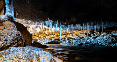 Panorama of the Cave with ice stalactites