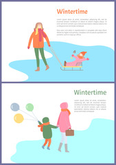 Wintertime season activities of mothers and kids vector. People spending time outdoors, child sitting on sledges, mom and son with inflatable balloons
