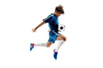 Young boy with soccer ball doing flying kick, isolated on white. football soccer players in motion...