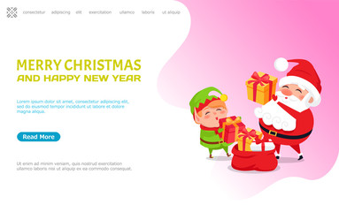 Merry Christmas and happy New Year, wishes from Santa Claus and Elf preparing gifts on Xmas eve. Cartoon characters, sack full of wrapped packages vector
