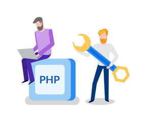 Banner PHP with two blonde and brunette working men with grey laptop and big blue and yellow wrench. Programmers coding javascript game vector people