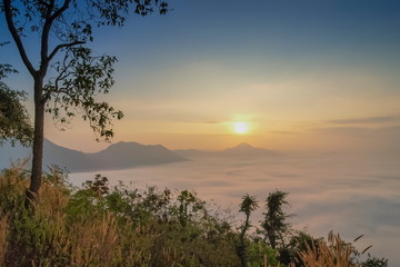 sunrise at Phu Thok, beautiful mountain view misty morning of top mountain around with sea of mist with colorful yellow sun light in the sky background, Chiang Khan District, Loei, Thailand.