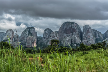 View at the mountains Pungo Andongo, Pedras Negras , black stones, huge geologic rock elements