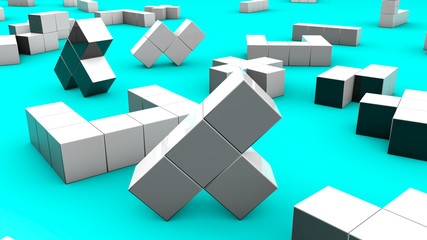 White three-dimensional cubic figures are lying on a turquoise background. 3d render