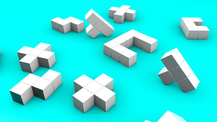 Fototapeta na wymiar White three-dimensional cubic figures are lying on a turquoise background. 3d render