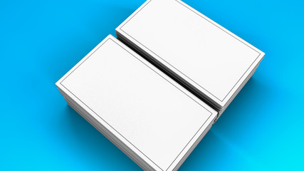 Stacks of white blank business cards on turquoise background. Empty template. 3d render