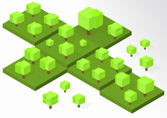 Creative square cubic trees. Isometric vector illustration of different types of wood for game design. Vector graphics.