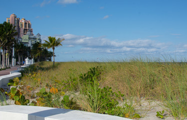 view of hotel buildings next to the ocean with grass in the foreground 