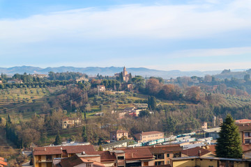  Classic tuscany landscape with mountains in fog and cypress, Siena, Italy