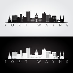 Fort Wayne USA skyline and landmarks silhouette, black and white design, vector illustration.