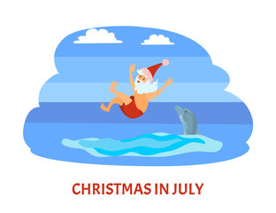 Santa Claus in red hat and trousers swimming with dolphin in sea. Christmas warm holiday in July greeting postcard vector in flat style isolated on white