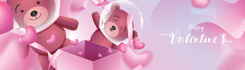 Cute and sweet elements in shape of heart, box of gift, teddy bear flying on pink space as astronaut. Vector symbols of love for Happy Women's, Mother's, Valentine's Day greeting banner design