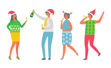 Fototapeta na wymiar People isolated vector, man with bottle of champagne, woman in Santa Claus hat dancing in cartoon style. Christmas party celebration, colleagues at disco