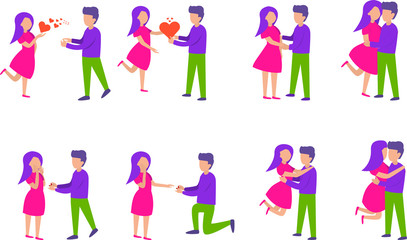 Couples in love set. Happy moments. Romantic surprise. Hugging men and women, Guy with the ring makes a proposal to the girl. Vector illustration in flat style isolated on white background