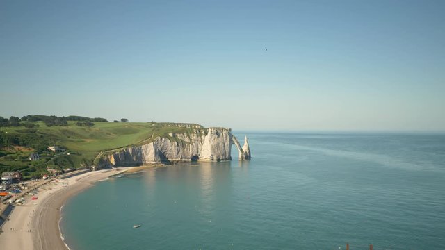 Aerial view of beautiful limestone cliffs Aval of Etretat coastline. Normandy, France.
