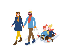 Smiling going mum and dad holding each others with sitting daughter and son on sleigh. Family winter going outdoor vector in flat style isolated on white