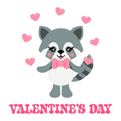cartoon cute raccoon with tie and hearts and text