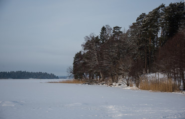 Winter view over a frozen lake Malaren in Stockholm.
