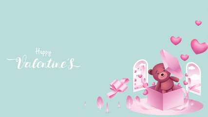 Cute and sweet elements in shape of heart, box of gift, teddy bear flying on pink background. Vector symbols of love for Happy Women's, Mother's, Valentine's Day, birthday greeting banner design