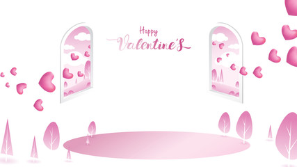 Cute and sweet elements in shape of heart, window of house flying on pink background copy space for text. Vector symbols of love for Happy Women's, Mother's, Valentine's Day banner greeting design
