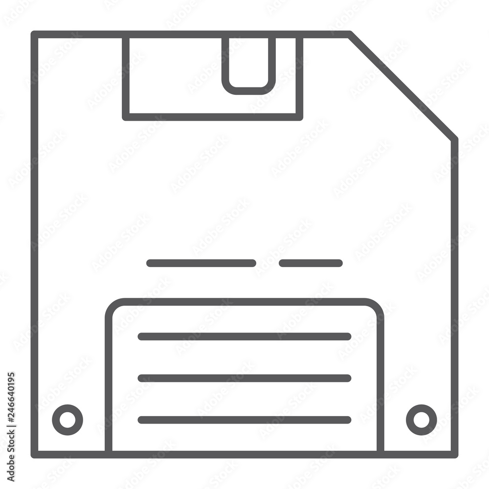 Poster save game thin line icon, data and disk, diskette sign, vector graphics, a linear pattern on a white