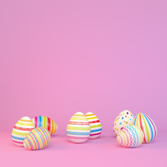 Frohe Ostern - 8 farbenfrohe, bemalte Ostereier auf pinken Hintergrund - Textfreiraum - Oster