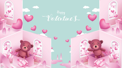 Cute and sweet elements in shape of heart, box of gift, teddy bear flying on pink background. Vector symbols of love for Happy Women's, Mother's, Valentine's Day, birthday greeting isometric design