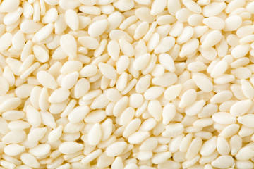 White peeled sesame seeds close up, background, texture