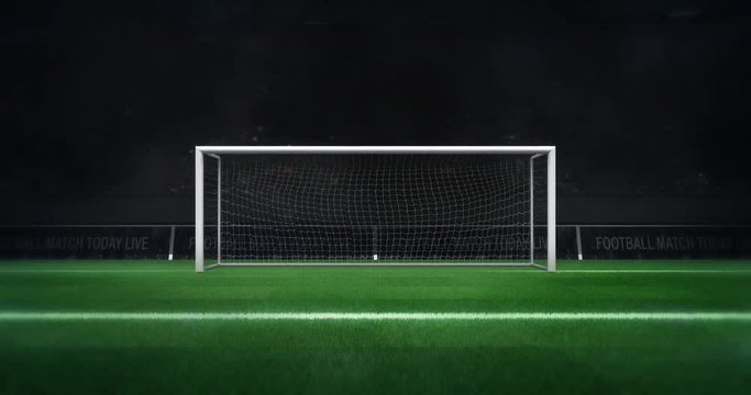 football goal gate with green grass and camera flashes zoom out front view behind, football stadium sport advertisement background, 4K animation with black end