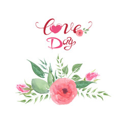 Love Day greeting card. Watercolor illustration.