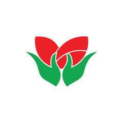 simple geometric hand hold leaf red rose logo vector