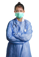 young confident and successful Asian Chinese medicine doctor woman in hospital scrubs and mask posing isolated on white background in medical health care