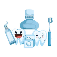 comic teeth couple with oral hygiene equipment